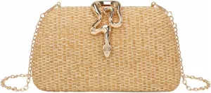 Elegant Summer Straw Evening Bag Chic Snake Buckle Handbag Straw Bag Woven Clutch Purses for Women Party Prom Beach