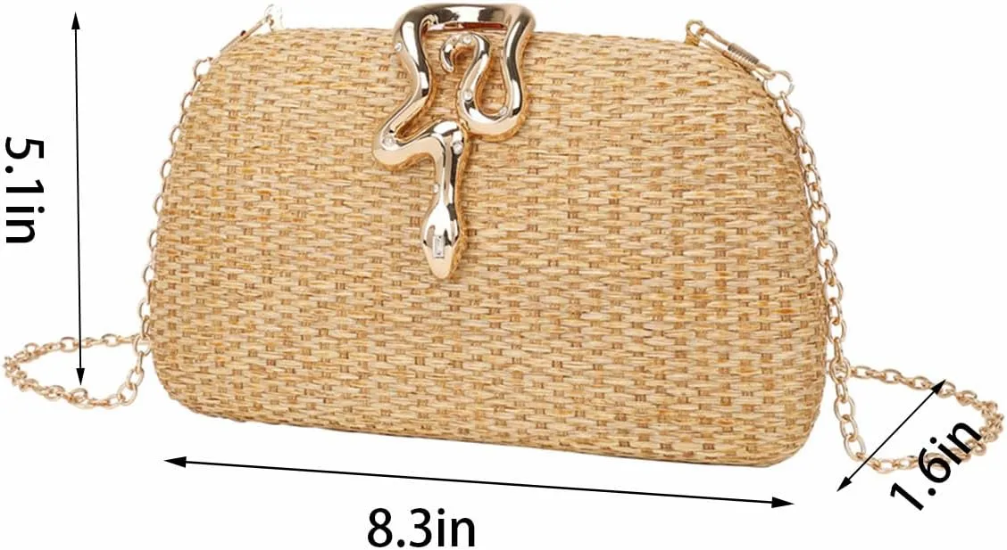 Elegant Summer Straw Evening Bag Chic Snake Buckle Handbag Straw Bag Woven Clutch Purses for Women Party Prom Beach