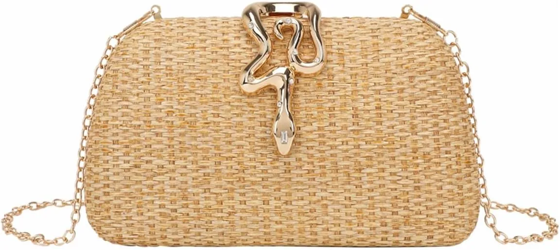 Elegant Summer Straw Evening Bag Chic Snake Buckle Handbag Straw Bag Woven Clutch Purses for Women Party Prom Beach
