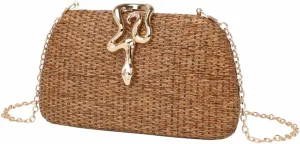 Elegant Summer Straw Evening Bag Chic Snake Buckle Handbag Straw Bag Woven Clutch Purses for Women Party Prom Beach