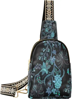 Embroidery Blue Flowers Fanny Pack Crossbody PC Leather Small Sling Bag for Women Ethnic Floral Brantch Fashion Waist Packs Chest Bag for Travel Sports Running Hiking