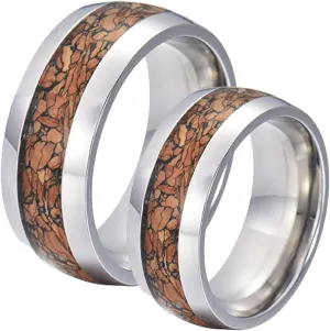 Epinki Ring Jewelry, 8MM Stainless Steel Silver Ring Inlay Wood Jewelry Wedding Rings 2PCS Couple Rings