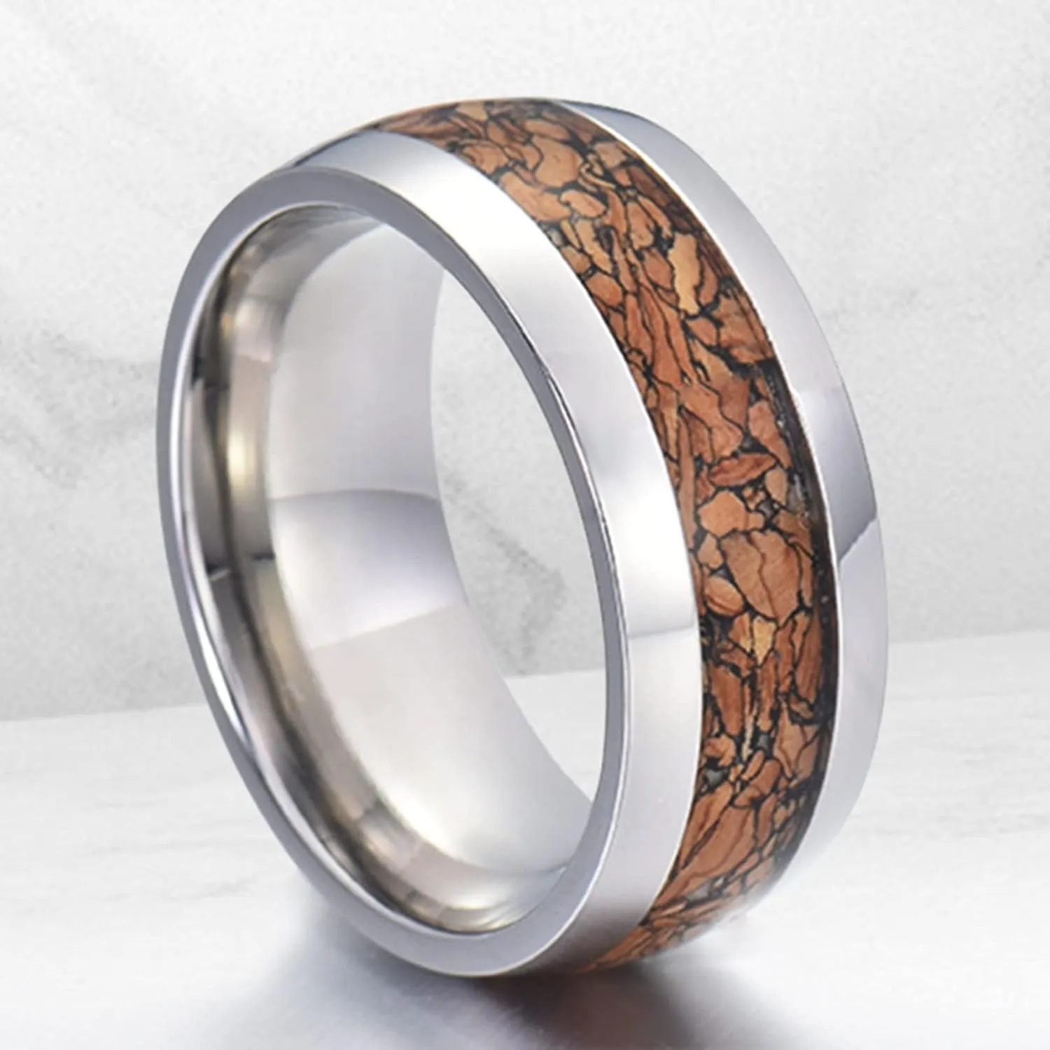 Epinki Ring Jewelry, 8MM Stainless Steel Silver Ring Inlay Wood Jewelry Wedding Rings 2PCS Couple Rings