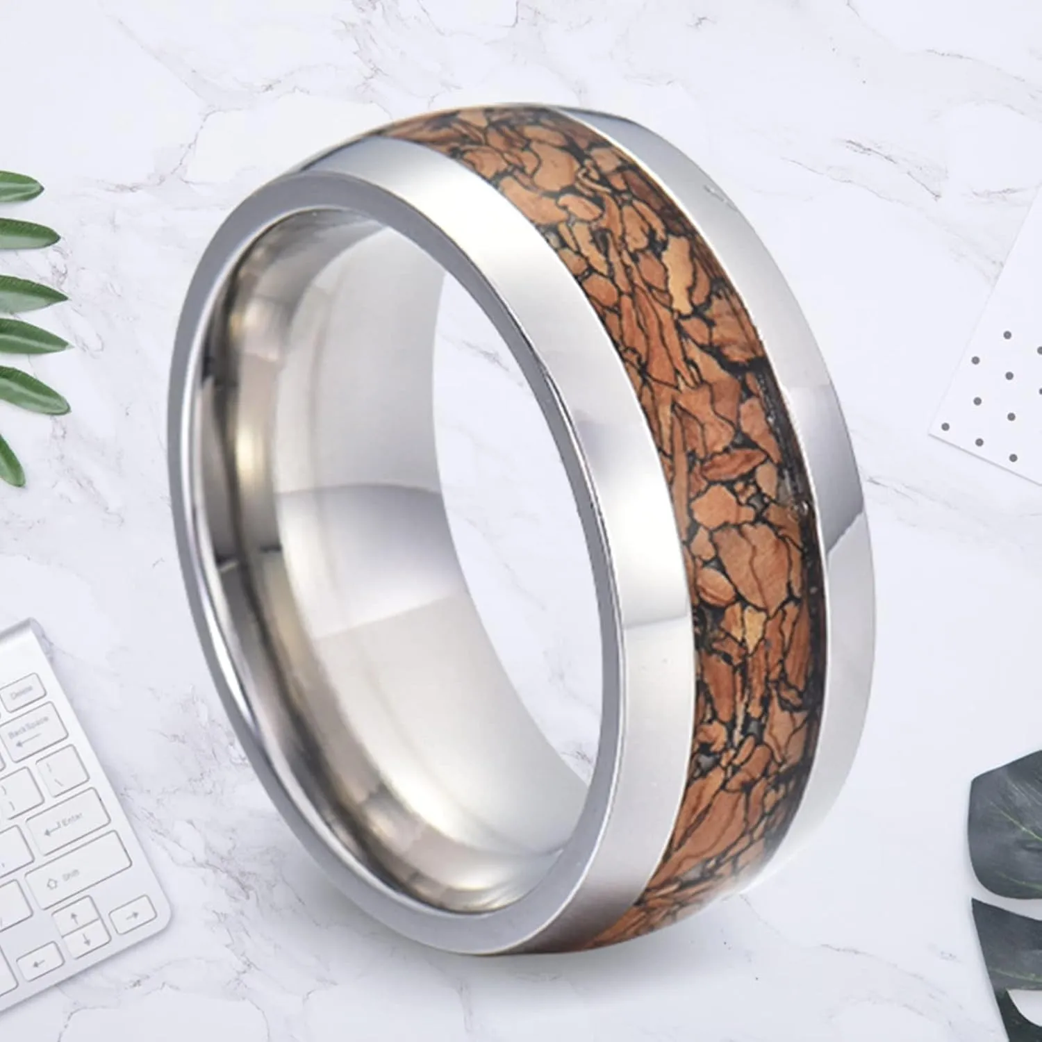 Epinki Ring Jewelry, 8MM Stainless Steel Silver Ring Inlay Wood Jewelry Wedding Rings 2PCS Couple Rings