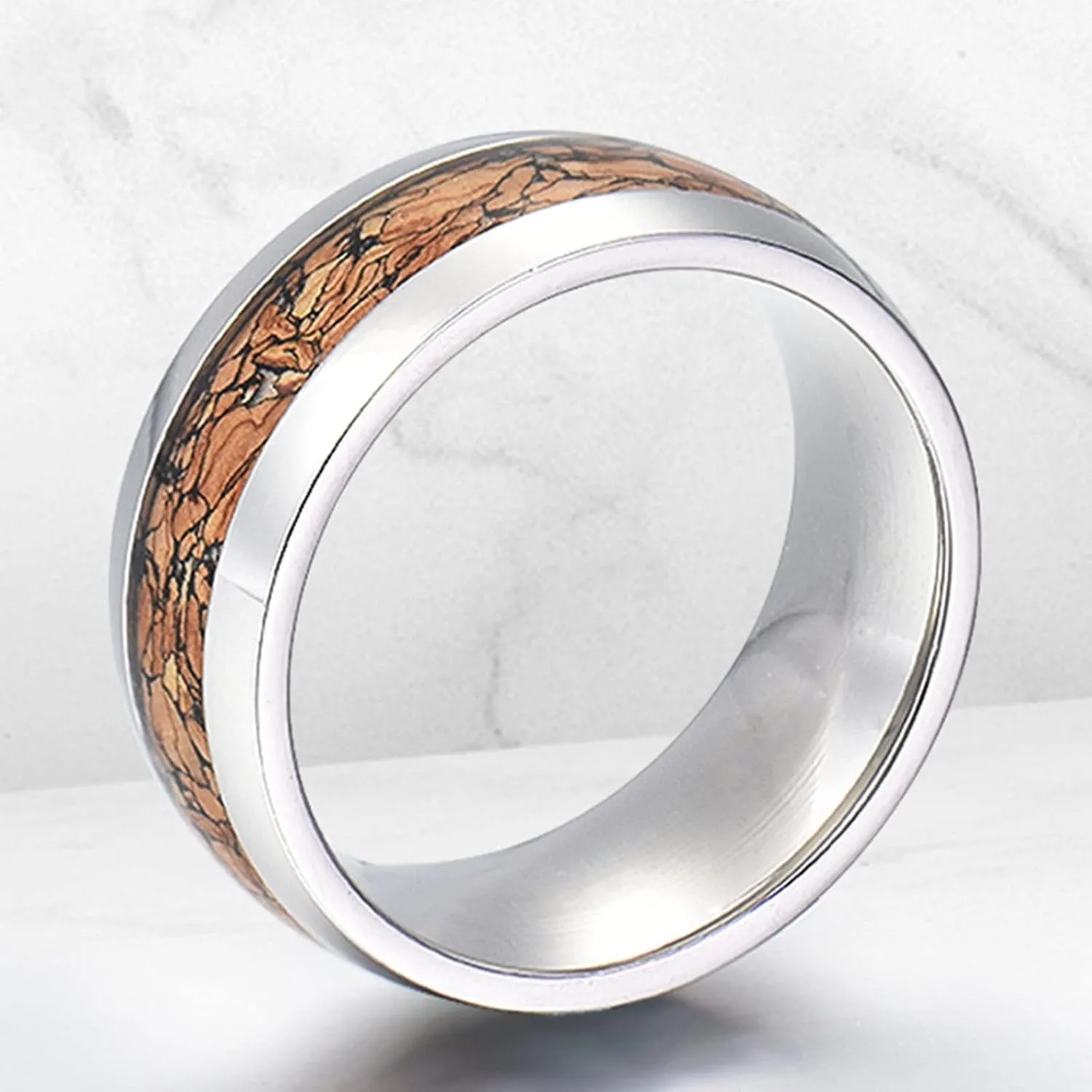 Epinki Ring Jewelry, 8MM Stainless Steel Silver Ring Inlay Wood Jewelry Wedding Rings 2PCS Couple Rings