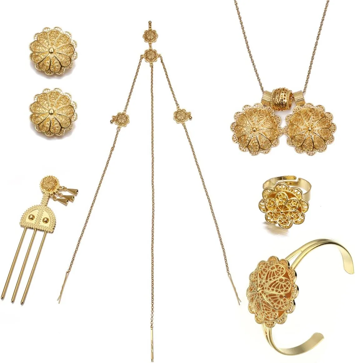 Ethiopian Jewelry Sets for Women Dubai Habesha Jewelry with Hairpin Head Chain African Bridal Wedding Gift