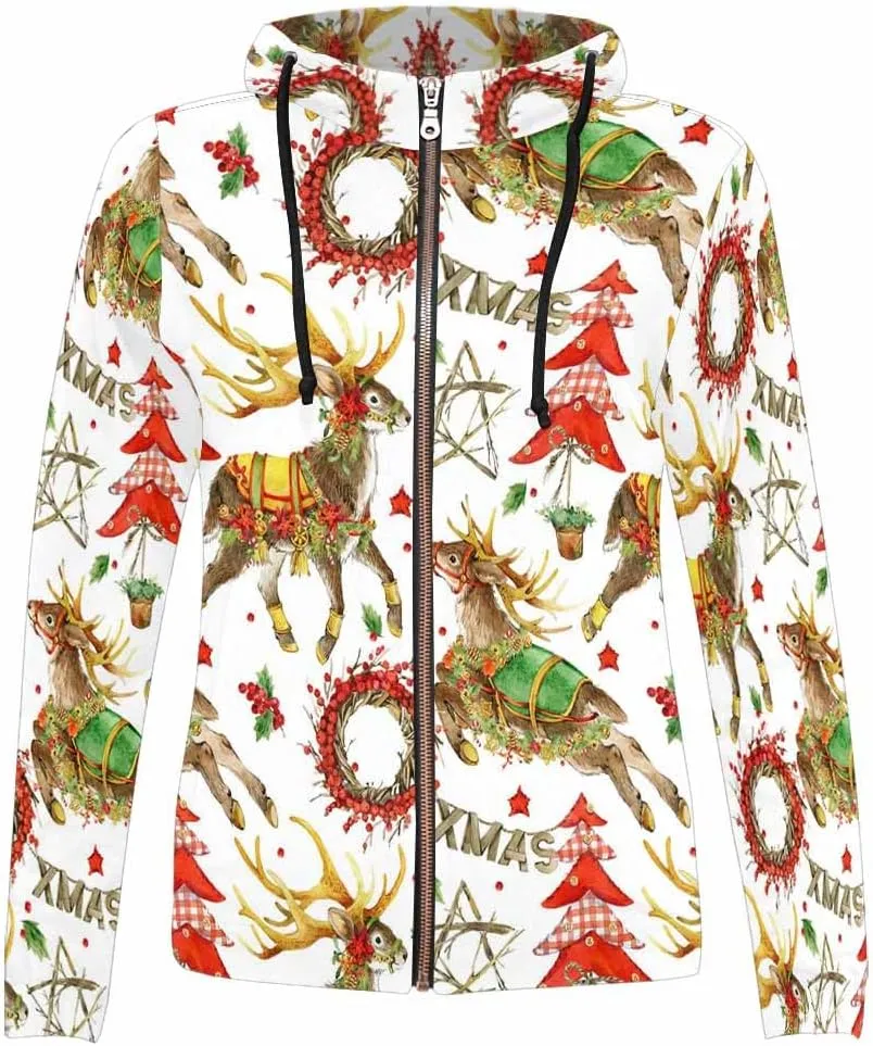 Fall Clothing Merry Christmas Pattern Womens Zip Up Hoodies Fleece Jackets Oversized Sweatshirts