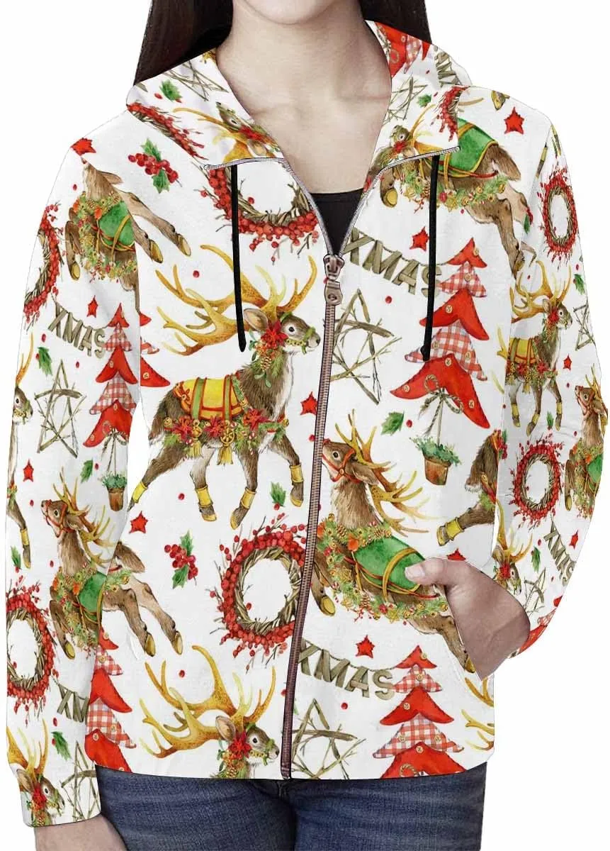 Fall Clothing Merry Christmas Pattern Womens Zip Up Hoodies Fleece Jackets Oversized Sweatshirts
