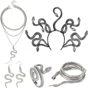 Fashey Gold Layered Snake Jewelry Set - Necklace, Earrings, Adjustable Rings - Medusa Costume Hollween Jewelry for Women