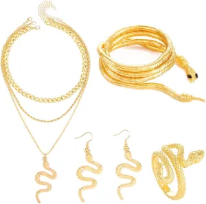 Fashey Gold Layered Snake Jewelry Set - Necklace, Earrings, Adjustable Rings - Medusa Costume Hollween Jewelry for Women