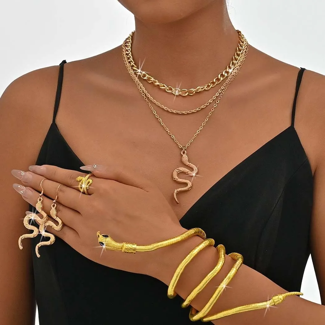 Fashey Gold Layered Snake Jewelry Set - Necklace, Earrings, Adjustable Rings - Medusa Costume Hollween Jewelry for Women