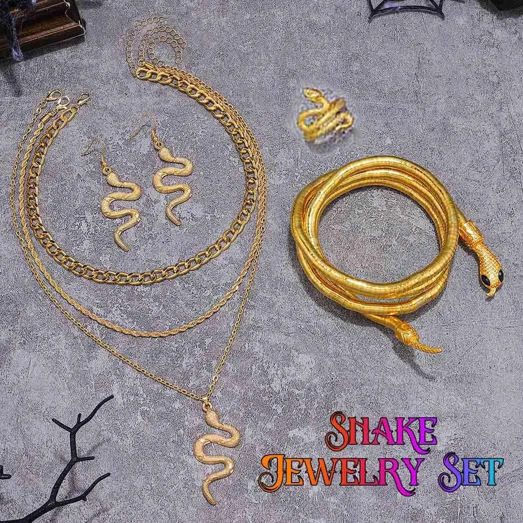 Fashey Gold Layered Snake Jewelry Set - Necklace, Earrings, Adjustable Rings - Medusa Costume Hollween Jewelry for Women