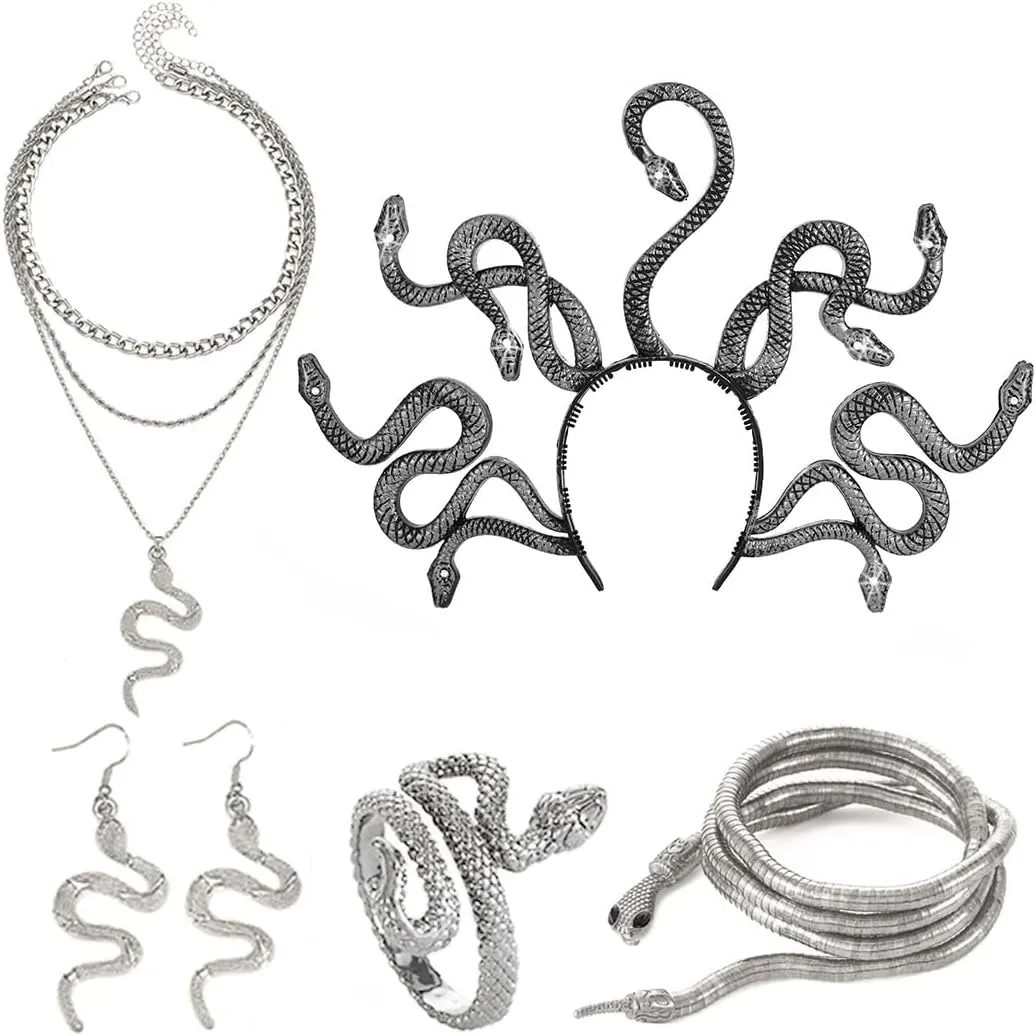 Fashey Gold Layered Snake Jewelry Set - Necklace, Earrings, Adjustable Rings - Medusa Costume Hollween Jewelry for Women