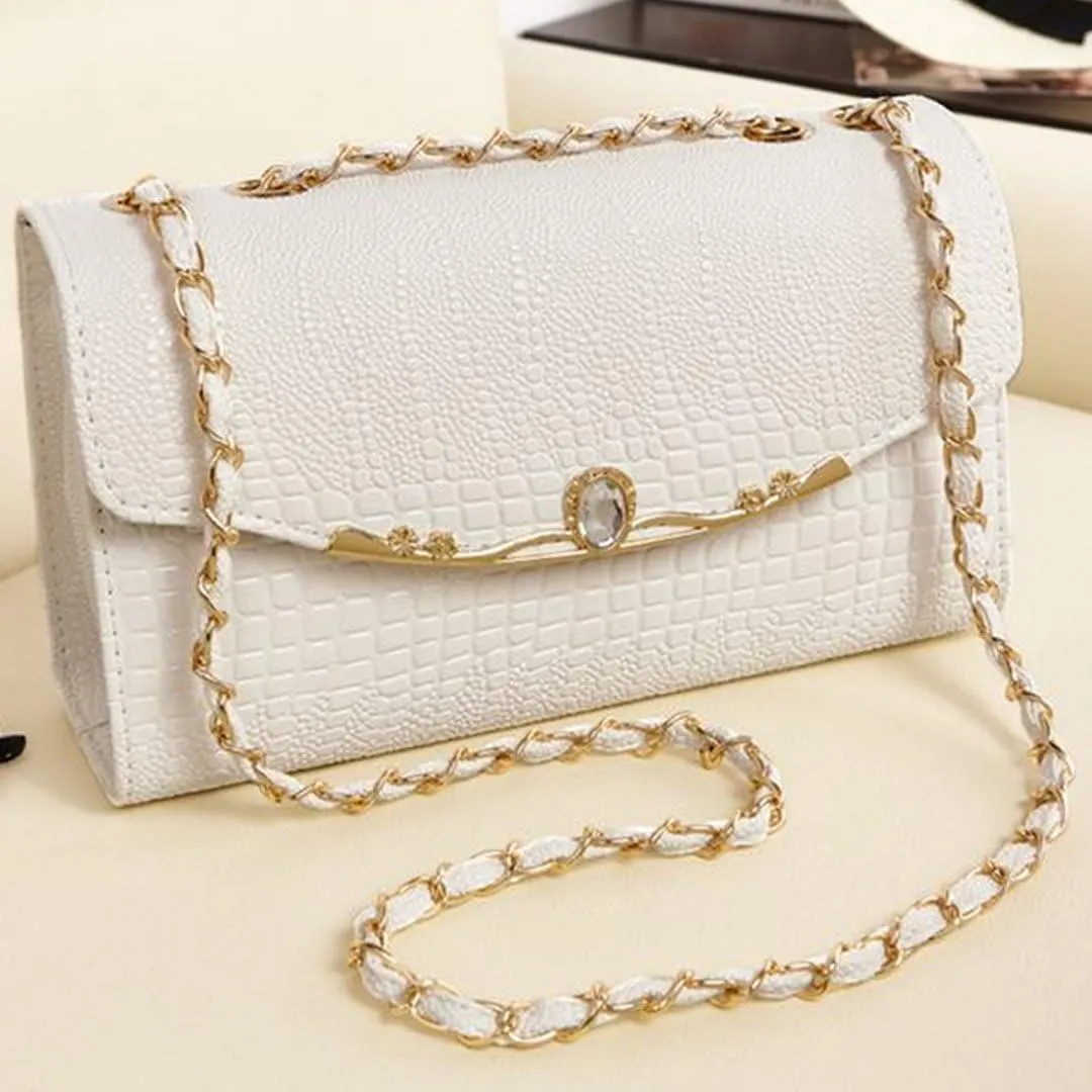 Fashion Women Leather Shoulder Handbag Small Gold Chain Quilted Crossbody Satchel,White