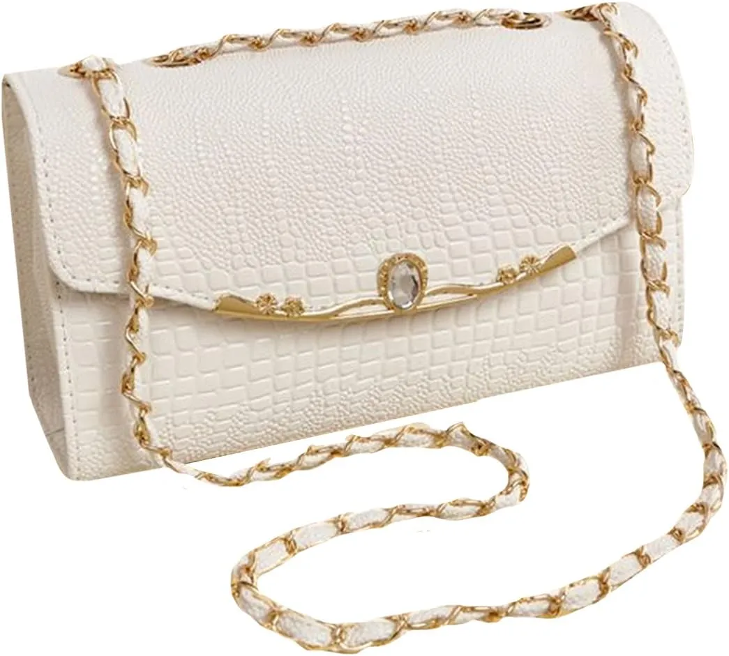 Fashion Women Leather Shoulder Handbag Small Gold Chain Quilted Crossbody Satchel,White
