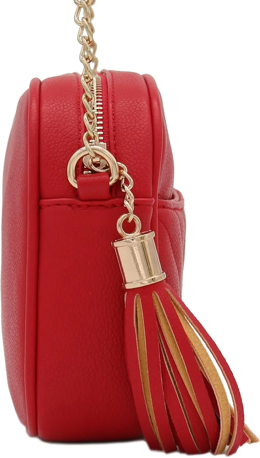 FashionPuzzle Chevron Quilted Crossbody Camera Bag with Chain Strap and Tassel