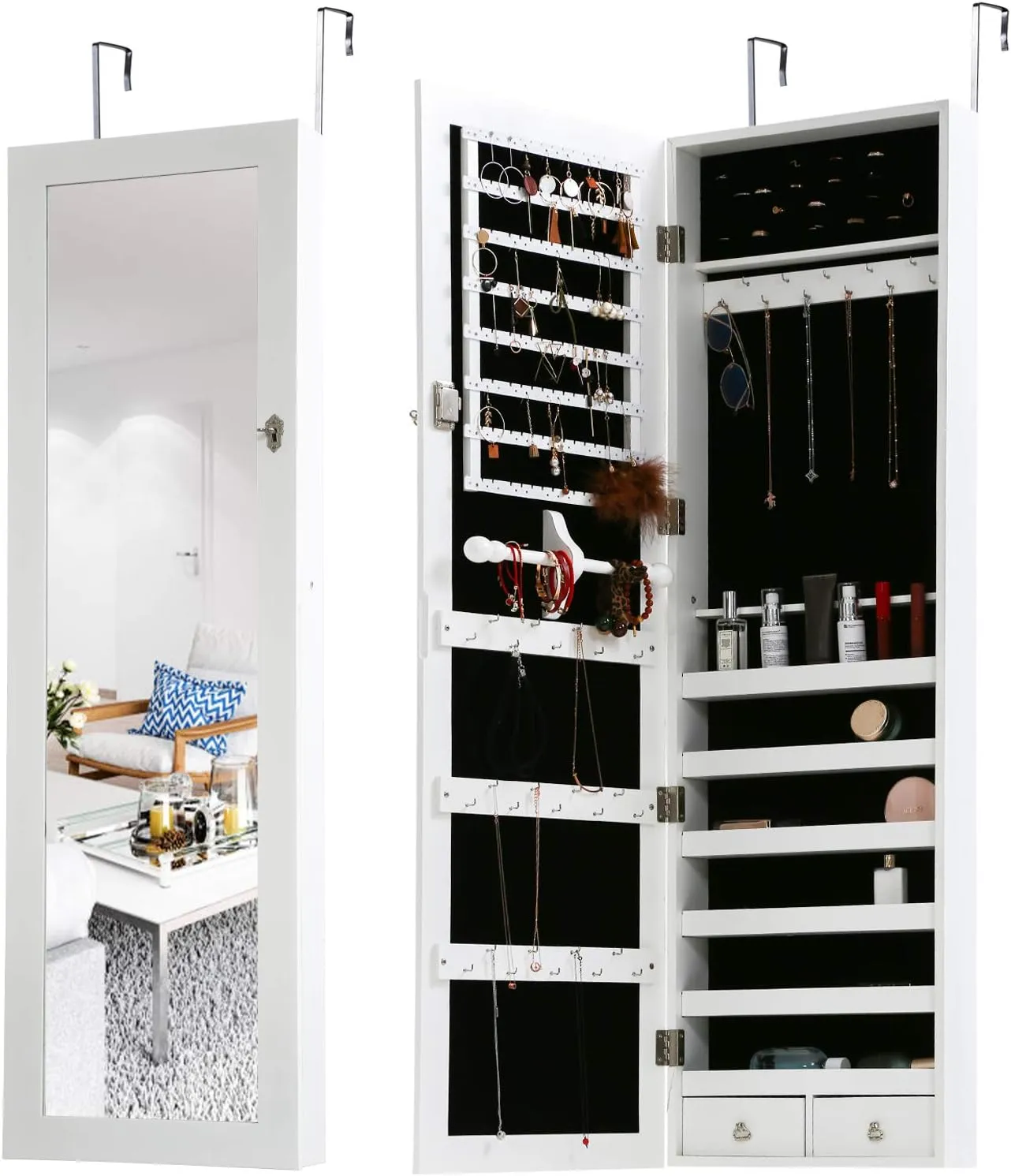 FDW Jewelry Cabinet 47.3" H Wall/Door Mounted Lockable Jewelry Armoire Organizer with Mirror With 2 Drawers 6 Shelves 43.3"10.6" Mirror High Capacity Jewelry Organizer (White)