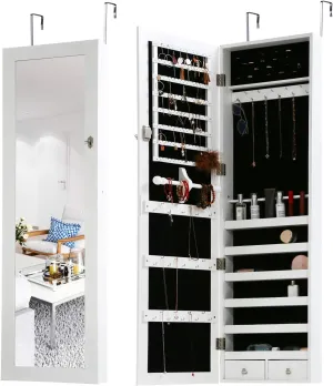 FDW Jewelry Cabinet 47.3" H Wall/Door Mounted Lockable Jewelry Armoire Organizer with Mirror With 2 Drawers 6 Shelves 43.3"10.6" Mirror High Capacity Jewelry Organizer (White)