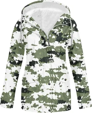 Fleece Linen Raincoats for Women Floral Waterproof Rain Jackets Warm Outdoor Windbreaker Fuzzy Rain Cotas for Winter