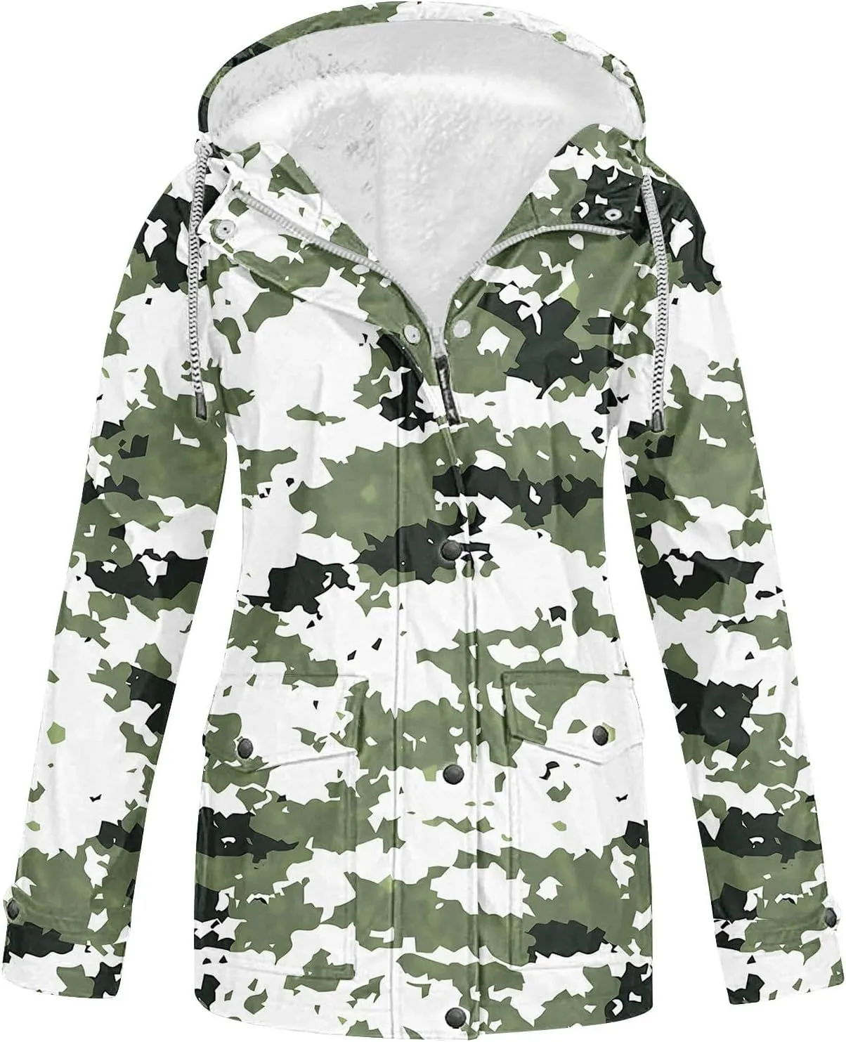 Fleece Linen Raincoats for Women Floral Waterproof Rain Jackets Warm Outdoor Windbreaker Fuzzy Rain Cotas for Winter