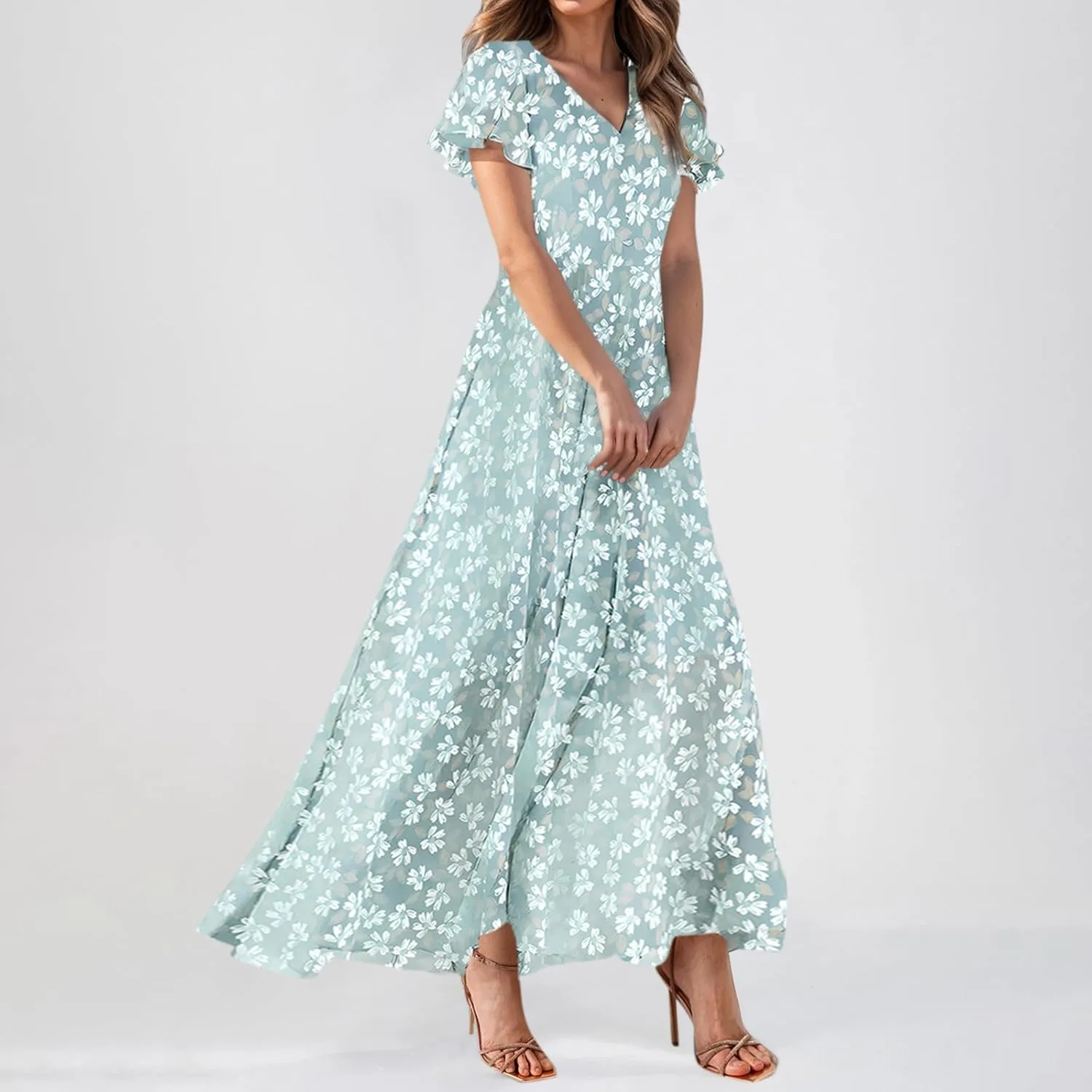 Floral Maxi Dress Casual Summer Chiffon Short Sleeve A Line Dresses for Wedding Guest Classy Tea Party V Neck Dress