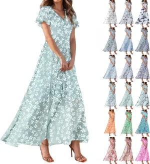 Floral Maxi Dress Casual Summer Chiffon Short Sleeve A Line Dresses for Wedding Guest Classy Tea Party V Neck Dress