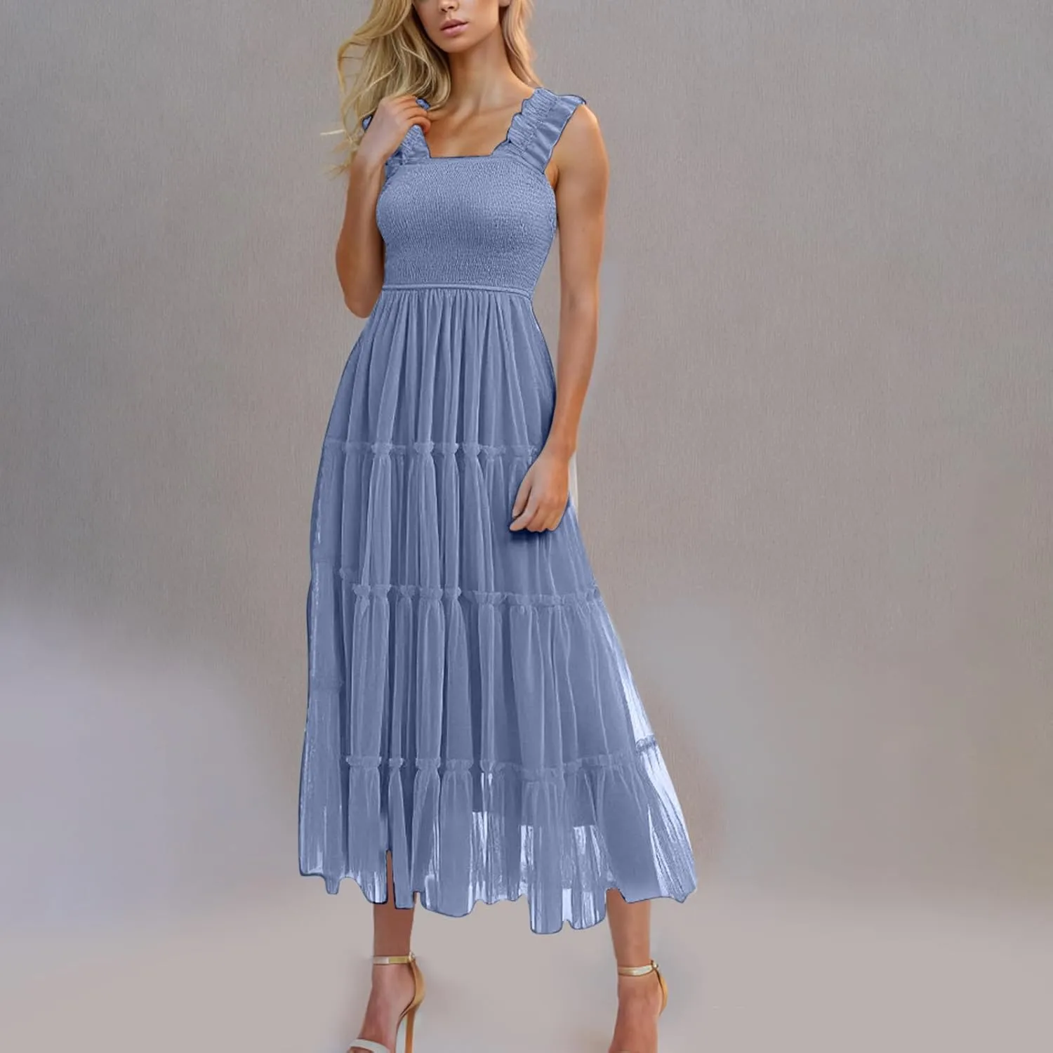 Flowy Dresses for Women Trendy Summer Midi Beach Dress Sleeveless Smocked Square Neck Party Wedding Guest Sundress