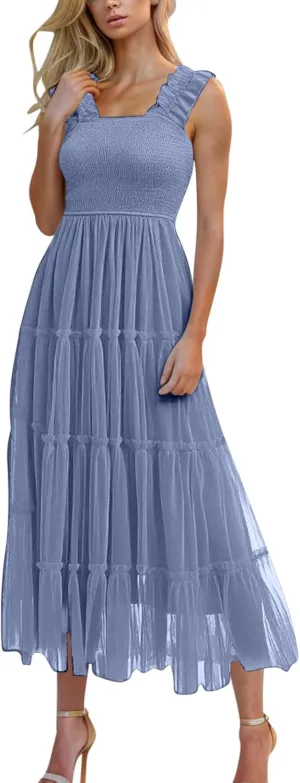 Flowy Dresses for Women Trendy Summer Midi Beach Dress Sleeveless Smocked Square Neck Party Wedding Guest Sundress