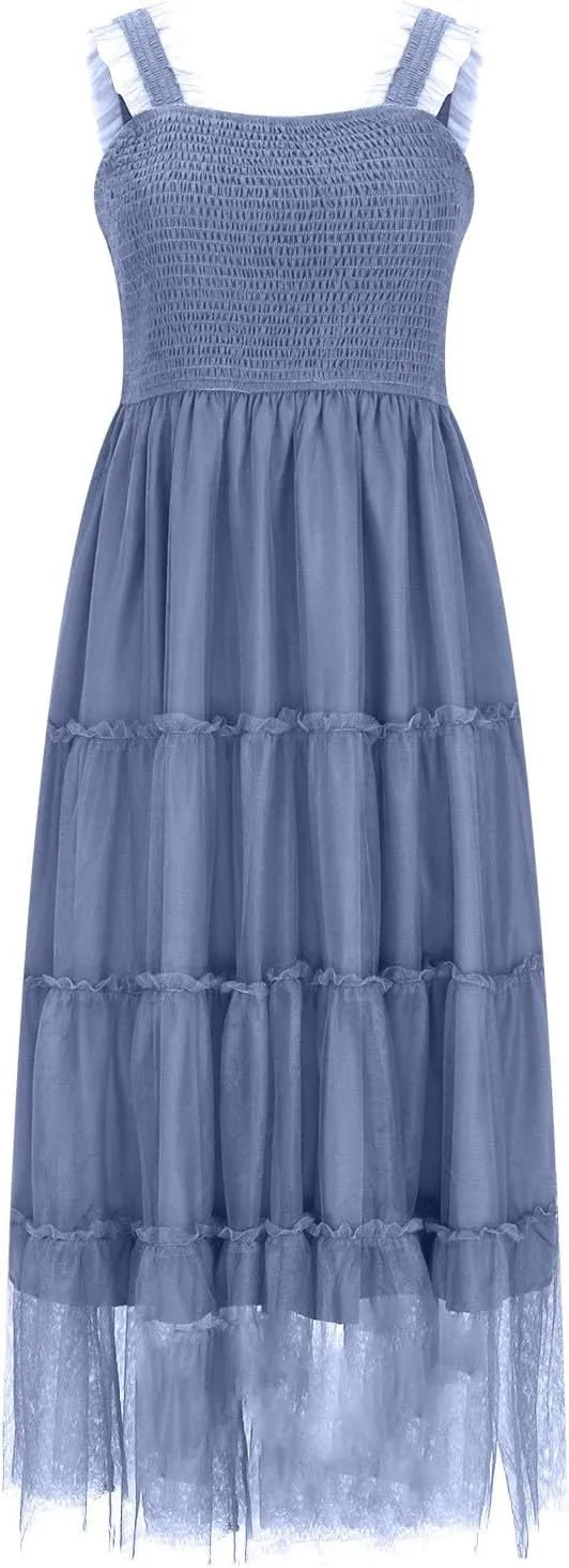 Flowy Dresses for Women Trendy Summer Midi Beach Dress Sleeveless Smocked Square Neck Party Wedding Guest Sundress