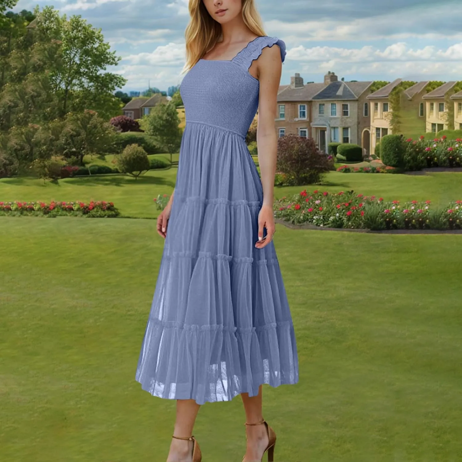 Flowy Dresses for Women Trendy Summer Midi Beach Dress Sleeveless Smocked Square Neck Party Wedding Guest Sundress