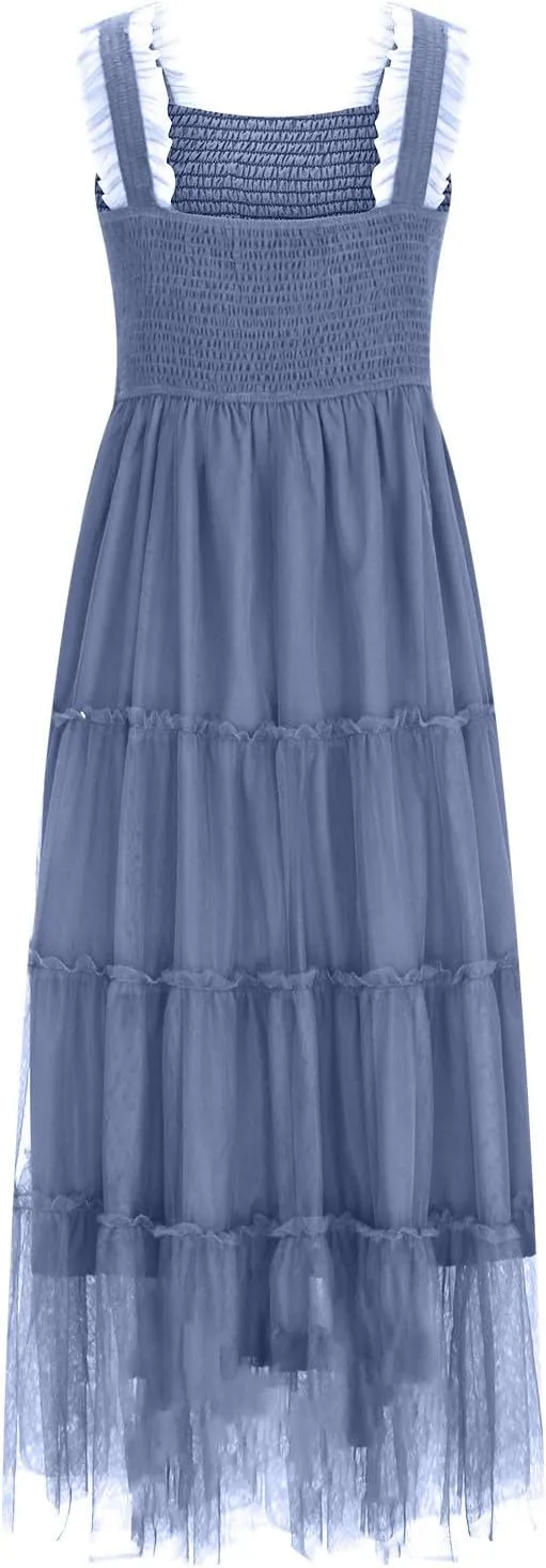 Flowy Dresses for Women Trendy Summer Midi Beach Dress Sleeveless Smocked Square Neck Party Wedding Guest Sundress