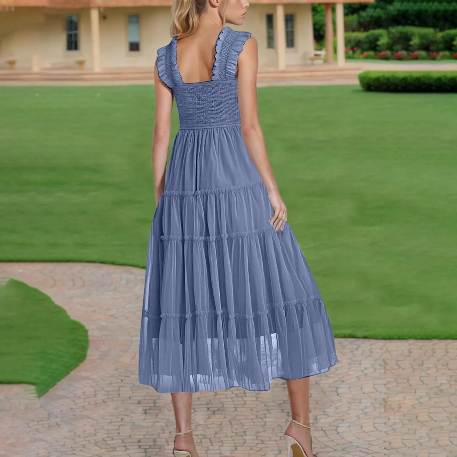 Flowy Dresses for Women Trendy Summer Midi Beach Dress Sleeveless Smocked Square Neck Party Wedding Guest Sundress