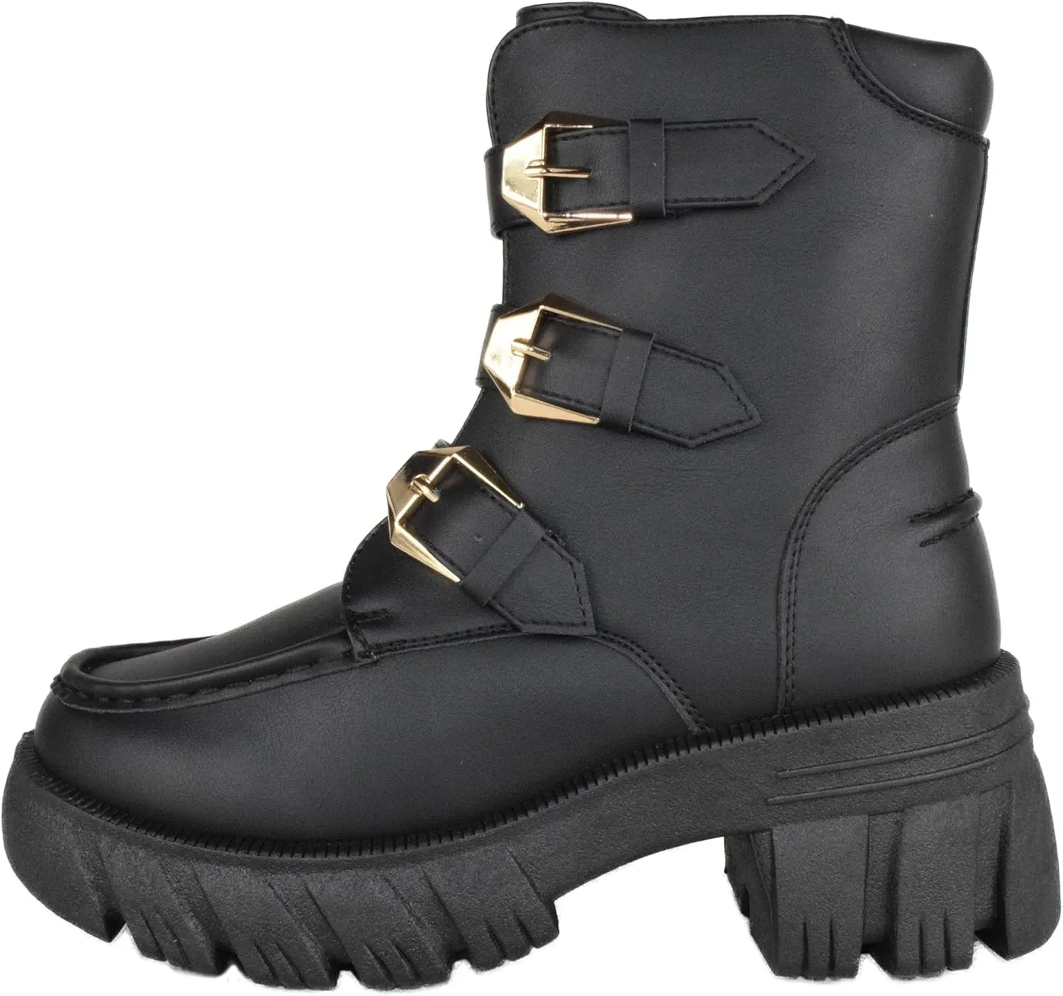 Forever Women Buckled Motorcycle Riding Style Boots Side Zipper Lug Sole Booties