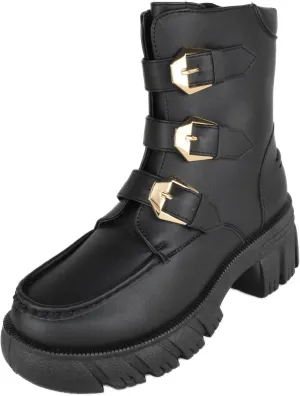 Forever Women Buckled Motorcycle Riding Style Boots Side Zipper Lug Sole Booties