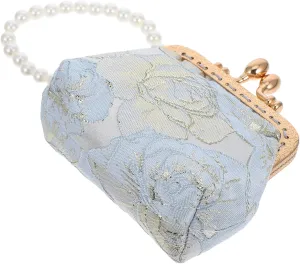 FRCOLOR Vintage Flower Embroidered Clutch Purse with Faux Pearl Handle for Evening Events and Weddings Elegant Handheld Design Traditional Brocade Convenient Coin Storage
