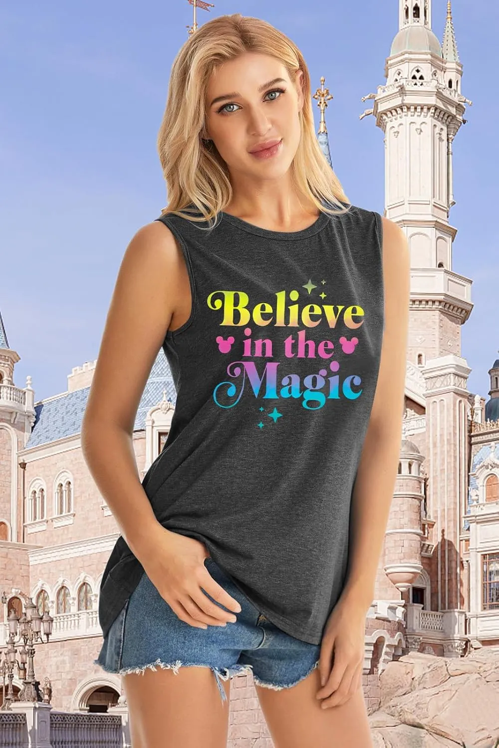 FRYAID Magic Tank Tops Magical Castle Shirt Women Believe in Magic Graphic Tanks Vest Summer Sleeveless Family Vacation Tops