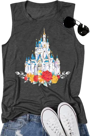 FRYAID Magic Tank Tops Magical Castle Shirt Women Believe in Magic Graphic Tanks Vest Summer Sleeveless Family Vacation Tops