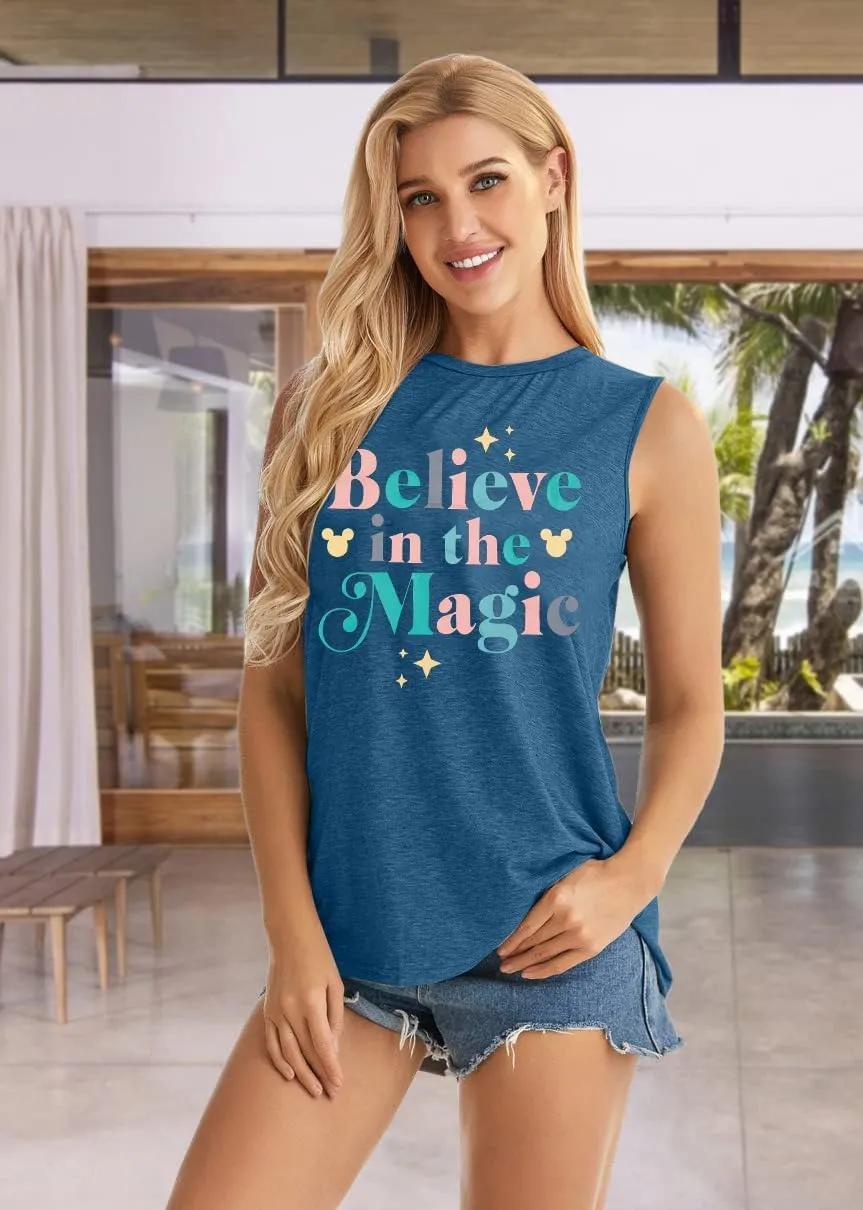 FRYAID Magic Tank Tops Magical Castle Shirt Women Believe in Magic Graphic Tanks Vest Summer Sleeveless Family Vacation Tops