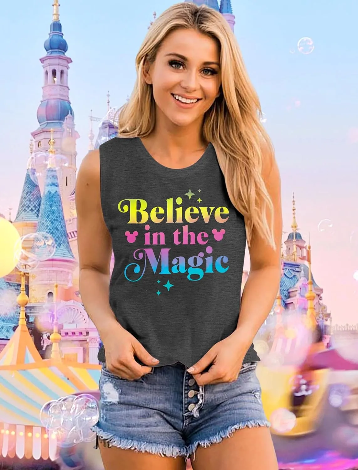 FRYAID Magic Tank Tops Magical Castle Shirt Women Believe in Magic Graphic Tanks Vest Summer Sleeveless Family Vacation Tops