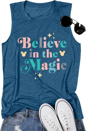 FRYAID Magic Tank Tops Magical Castle Shirt Women Believe in Magic Graphic Tanks Vest Summer Sleeveless Family Vacation Tops