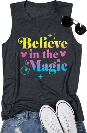 FRYAID Magic Tank Tops Magical Castle Shirt Women Believe in Magic Graphic Tanks Vest Summer Sleeveless Family Vacation Tops
