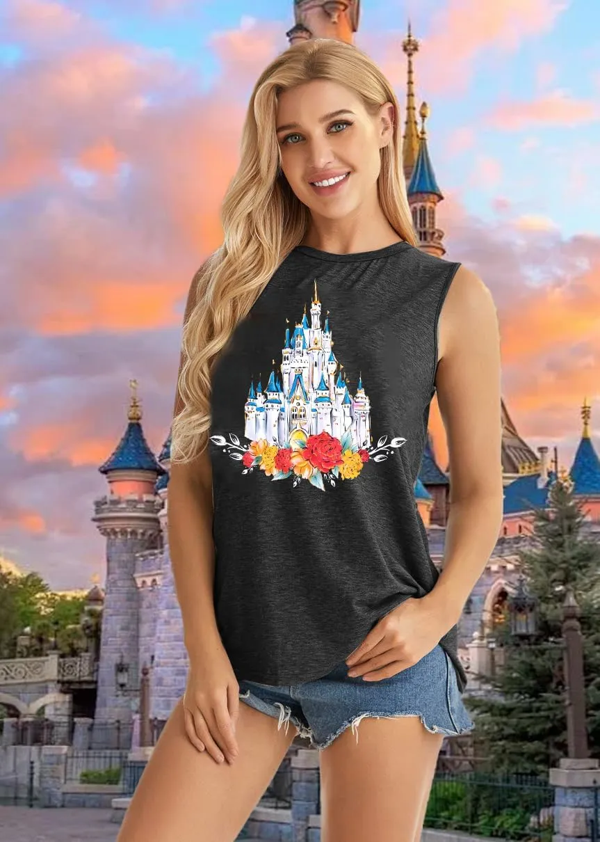 FRYAID Magic Tank Tops Magical Castle Shirt Women Believe in Magic Graphic Tanks Vest Summer Sleeveless Family Vacation Tops