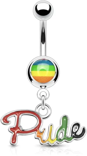 Gay & Lesbian Rainbow Belly Ring with "Pride" Script Text. LGBTQ Jewelry Barbell Body Jewelry/Navel Rings.