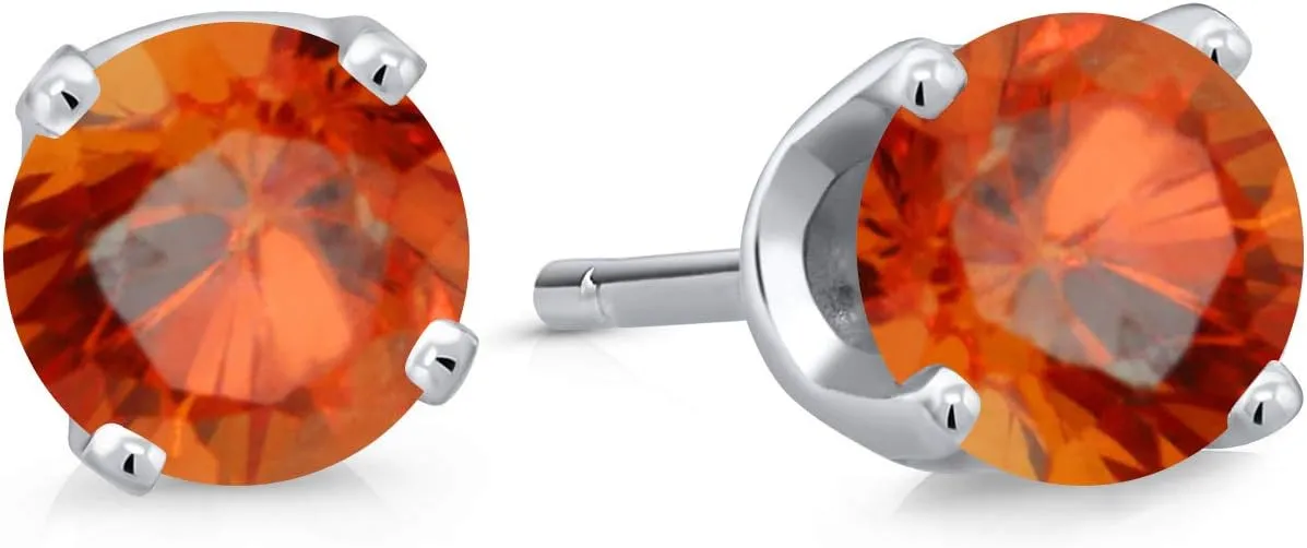 Gem Stone King 14K White Gold Orange Sapphire Stud Earrings For Women Men (0.32 Cttw, Gemstone Birthstone, Round 3MM)
