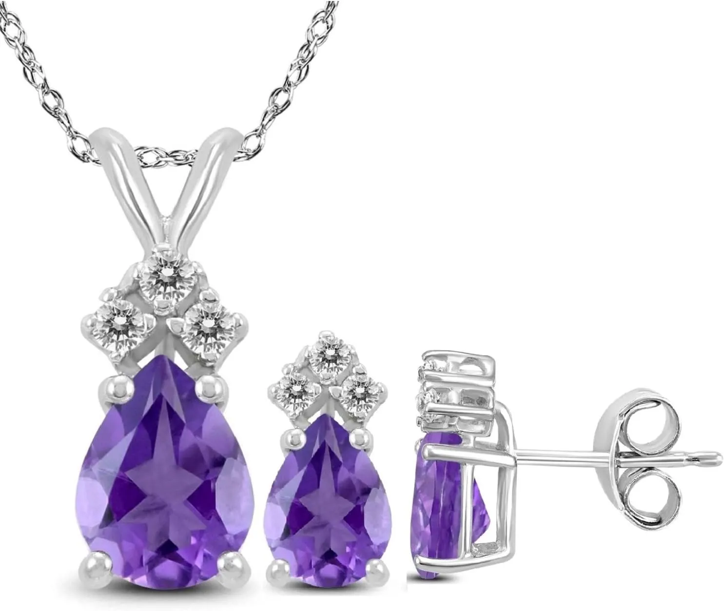Genuine 2.18 Ctw Natural 7x5mm Pear Shape gemstone With White Topaz Necklace & Earrings Set In 925 Sterling Silver. (amethyst)