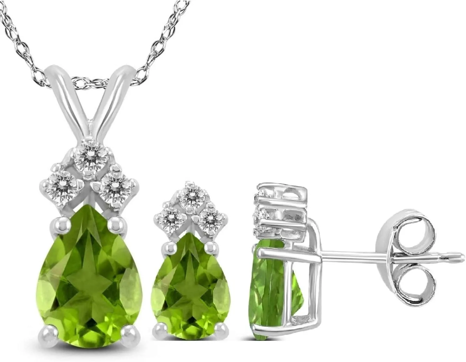 Genuine 2.18 Ctw Natural 7x5mm Pear Shape gemstone With White Topaz Necklace & Earrings Set In 925 Sterling Silver. (peridot)