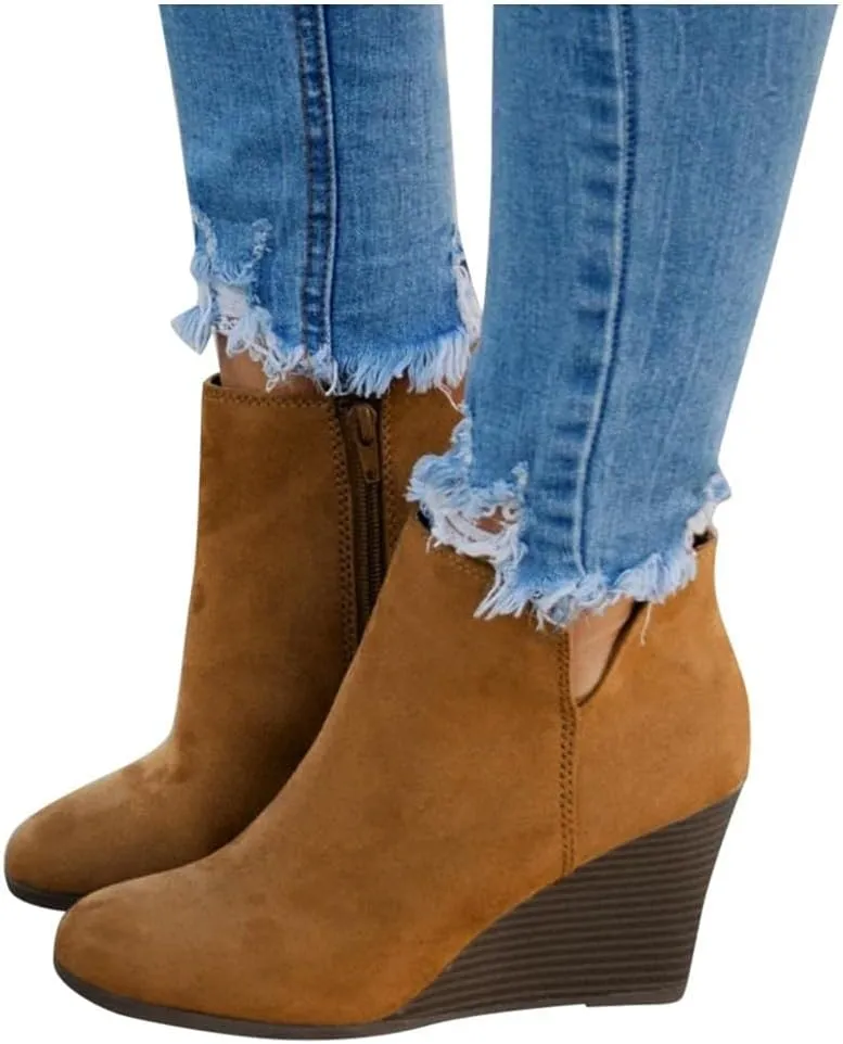 Gibobby Boots for Women Low Heel Wedge Ankle Boots V Cut Fall Dressing Stacked Chunky Heel Short Booties Casual Shoes