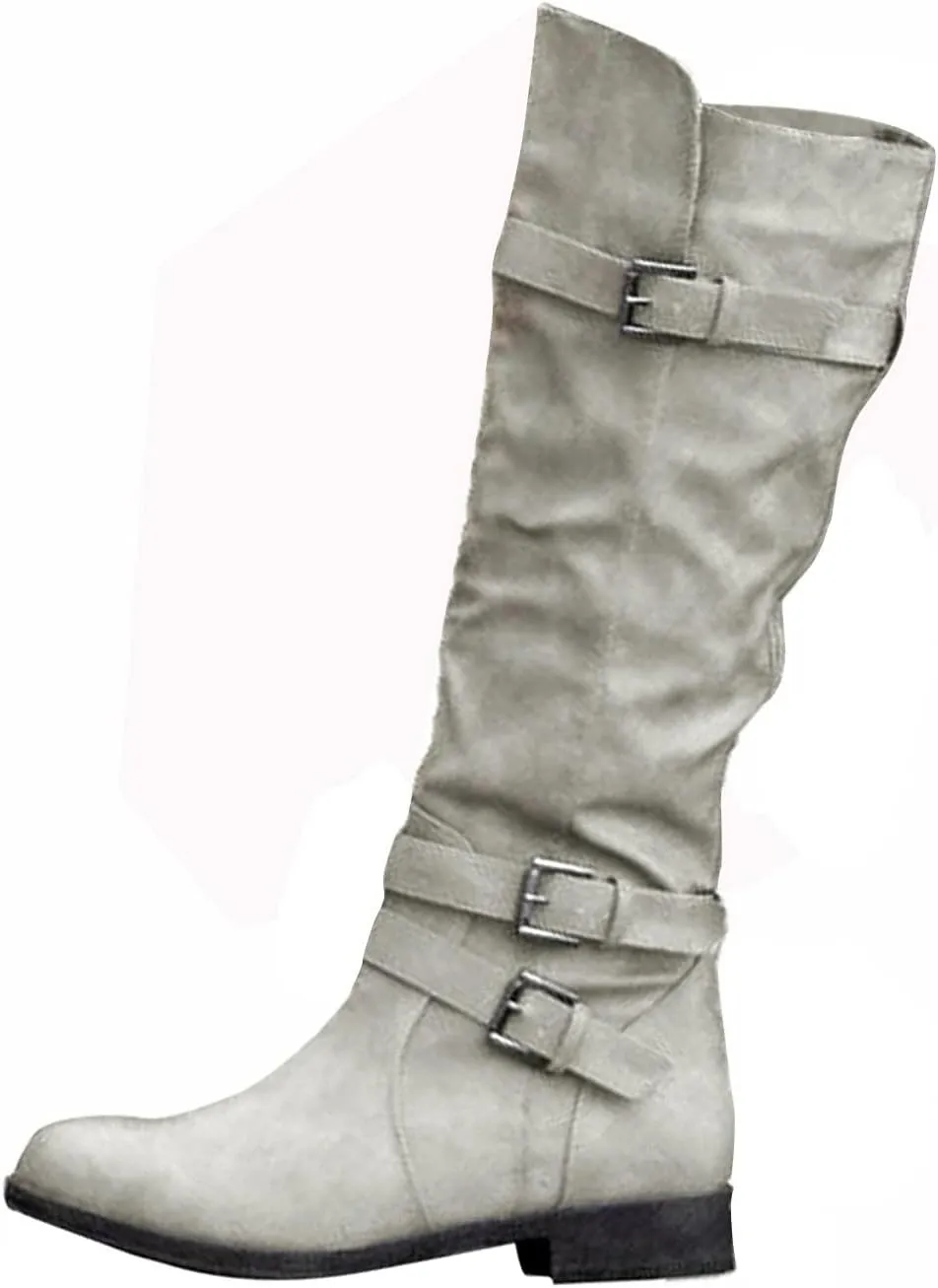 Gibobby Winter Boots for Women,Women's Knee Length Boots Retro Combat Knight Boots Closed Toe Motorcycle Low Heel Outdoor Waterproof Western Shoes