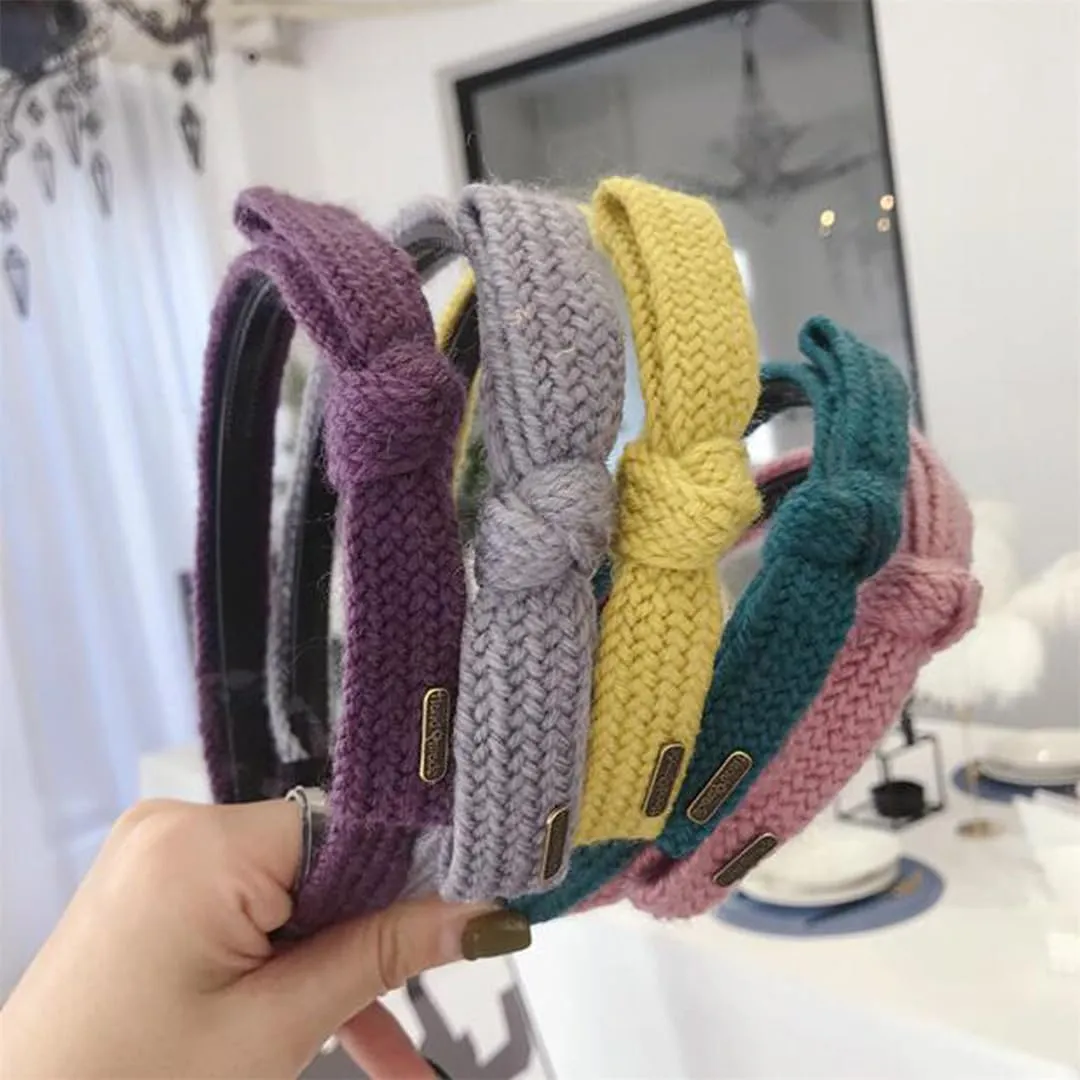 Girls Handmade Knitted Headband with Bowknot Solid Color Casual Cute Boho Knotted Headbands Elastic Head Bands