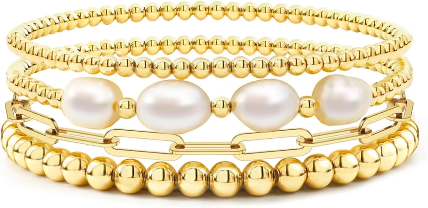 Gold Beaded Bracelets for Women Boho Crystal Multiple Layered Stackable Wrap Bangle Set Paperclip Chain Trendy Jewelry